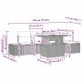 Beiges 6-tlg. Garten-Sofa-Set aus Poly Rattan mit Kissen und Stauraum, Maße eingezeichnet.