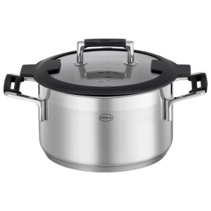 RÖSLE Silence Pro Kochtopf 20 cm aus Edelstahl mit Glasdeckel und schwarzem Silikonrand für einfaches Abgießen.