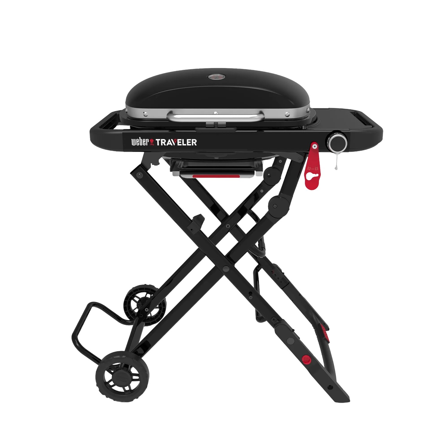 Schwarzer Weber Gasgrill Traveler Compact mit klappbarem Untergestell und Seitentisch.