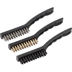 Drahtbürstensatz, 3-teilig: Stahl-, Messing- und Polyamiddrahtbürste mit schwarzem Kunststoffgriff.