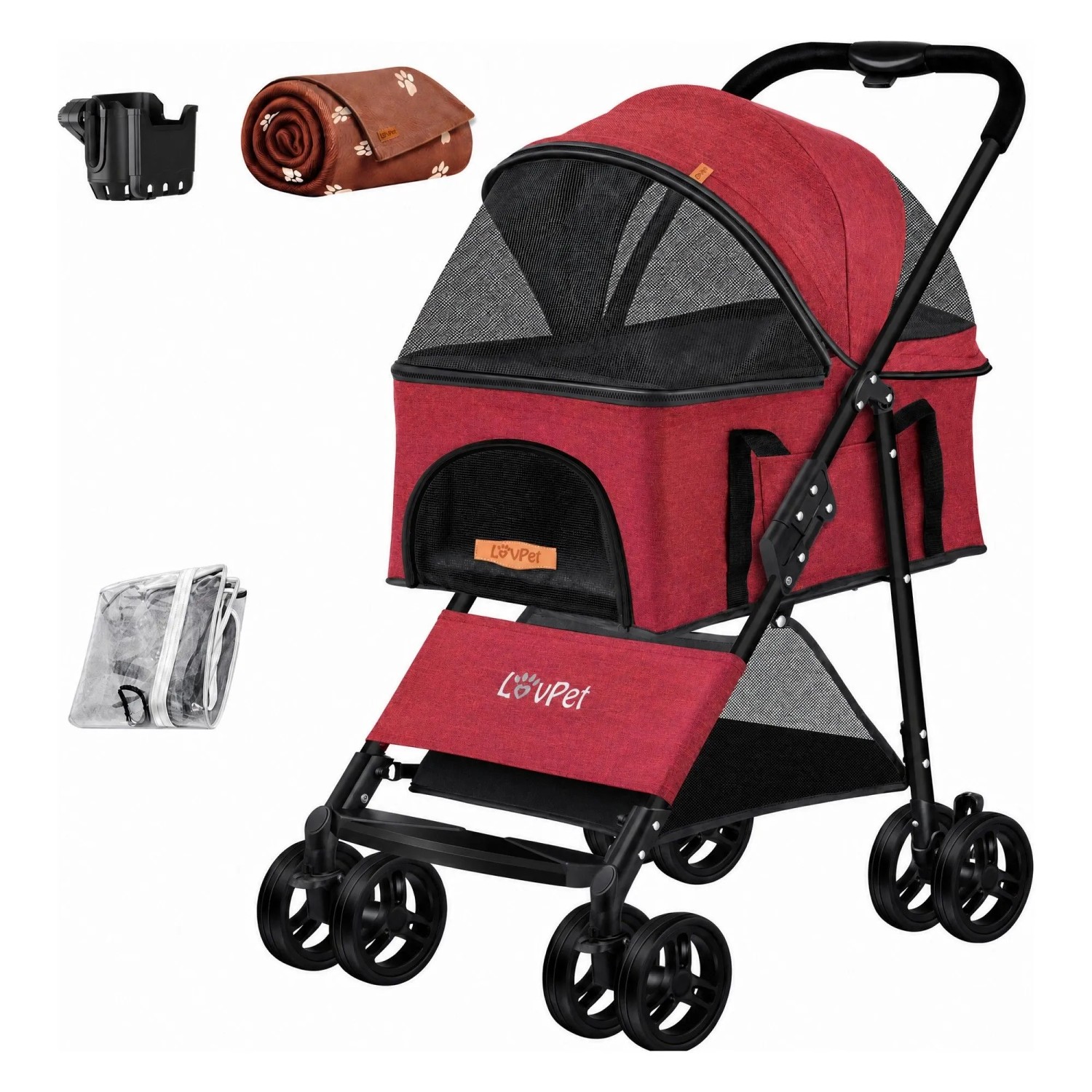 LOVPET Hundewagen 2in1 Hundebuggy Faltbar Bis 20 kg inkl. Netzfenster Rot