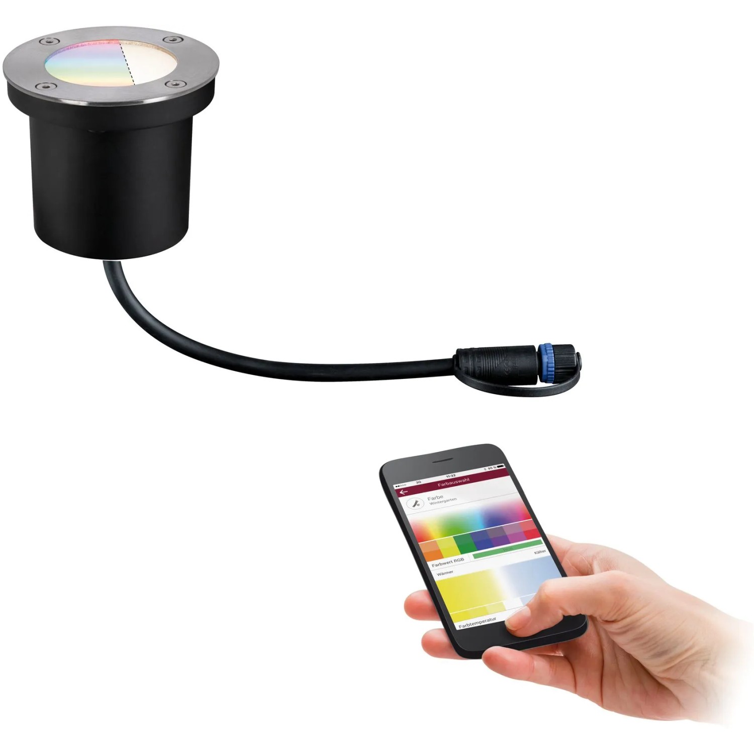 Paulmann Plug & Shine Bodeneinbaustrahler RGBW mit Farbauswahl per Smartphone.