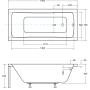 Maßzeichnung der Bad Land OPTIMA Rechteck-Badewanne 150x70. Zeigt Abmessungen, Ablauf und Füße.