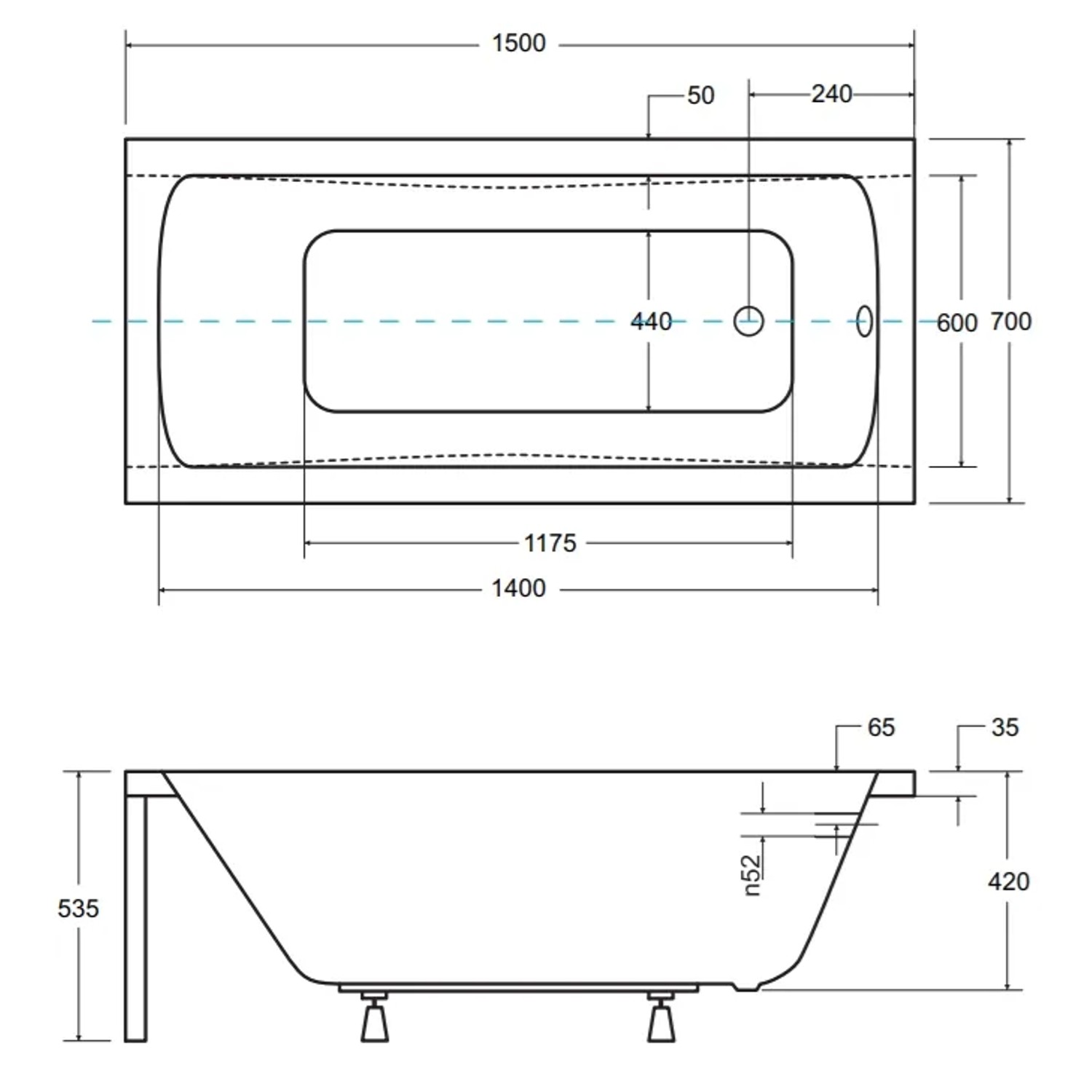 Maßzeichnung der Bad Land OPTIMA Rechteck-Badewanne 150x70. Zeigt Abmessungen, Ablauf und Füße.
