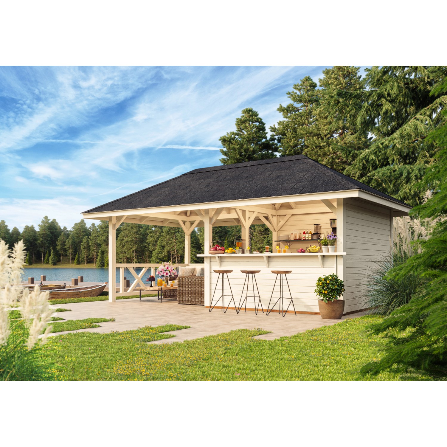 Palmako Holz-Pavillon Bianca 16,6 m² mit Tresen und zwei Wänden im Garten.