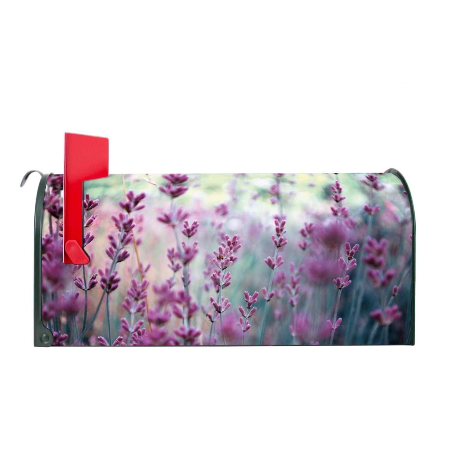 Grüner Banjado US Briefkasten mit Lavendel Motiv, rote Fahne. Amerikanischer Postkasten für Wand- oder Standmontage.