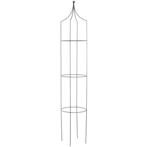 Graue Rankhilfe Obelisk aus Metall, 161 cm hoch, mit Kugelspitze für Kletterpflanzen im Garten.