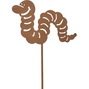 Rostfarbener Gartenstecker Raupe aus Metall, 85 cm hoch, Dekoration für Beet und Pflanzkübel.