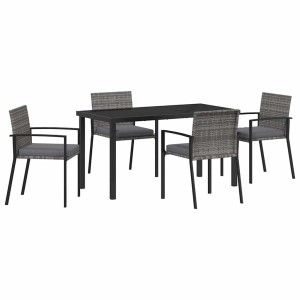 5-teiliges Garten Esszimmer Set aus grauem Poly Rattan mit Tisch und vier Stühlen.
