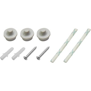 Montagematerial für ovale Kellerleuchte: Dübel, Schrauben und Abdeckungen.