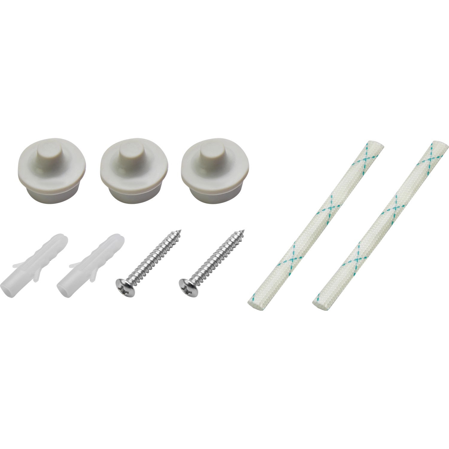 Montagematerial für ovale Kellerleuchte: Dübel, Schrauben und Abdeckungen.