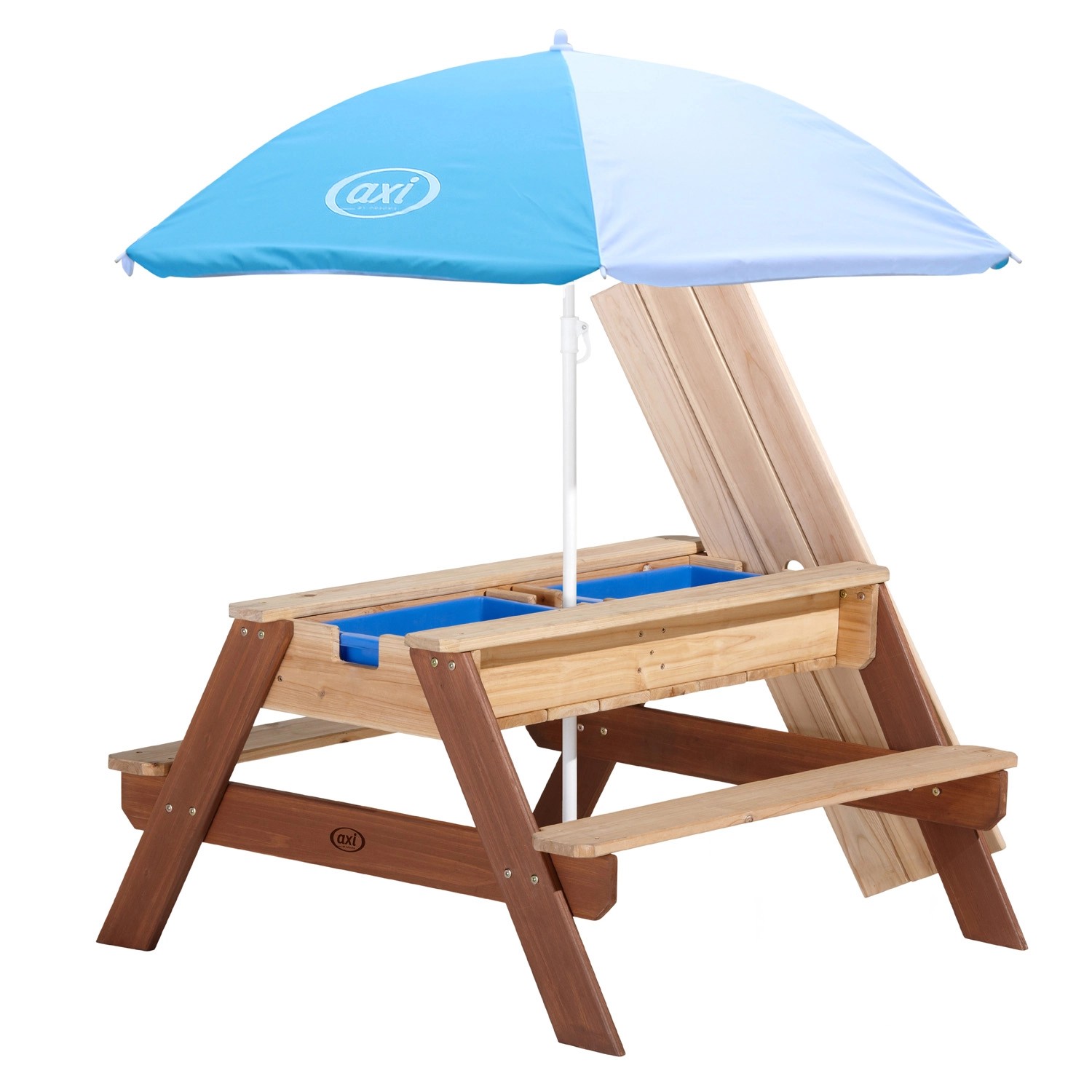 Axi Sand und Wasser Picknicktisch Nick Braun mit Sonnenschirm Blau Weiß