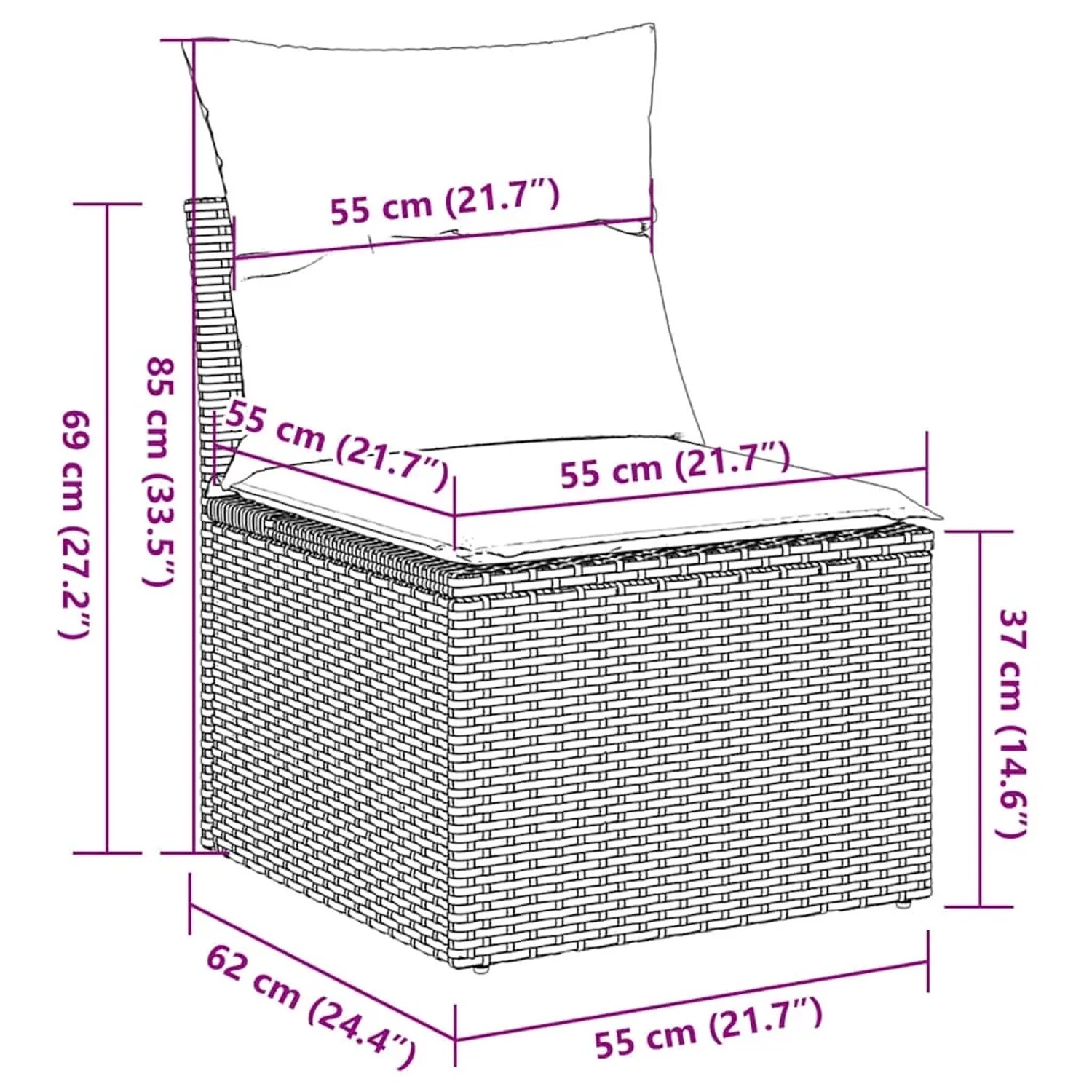 Skizze eines hellgrauen Gartensofas aus Polyrattan mit Maßangaben für Breite, Höhe und Tiefe.