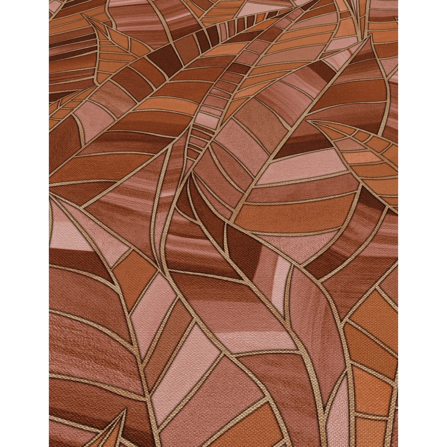 Erismann Vliestapete Elle Decoration 4 Serenade Terracotta mit stilisierten Blättern und goldenen Konturen.