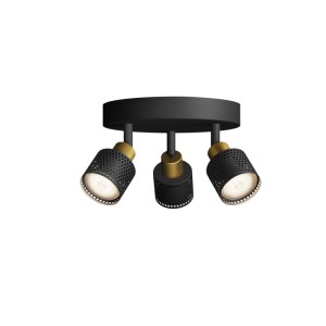 Philips Niall runder 3-flammiger Spot, schwarz-gold. Moderne Deckenleuchte mit perforierten Spots.