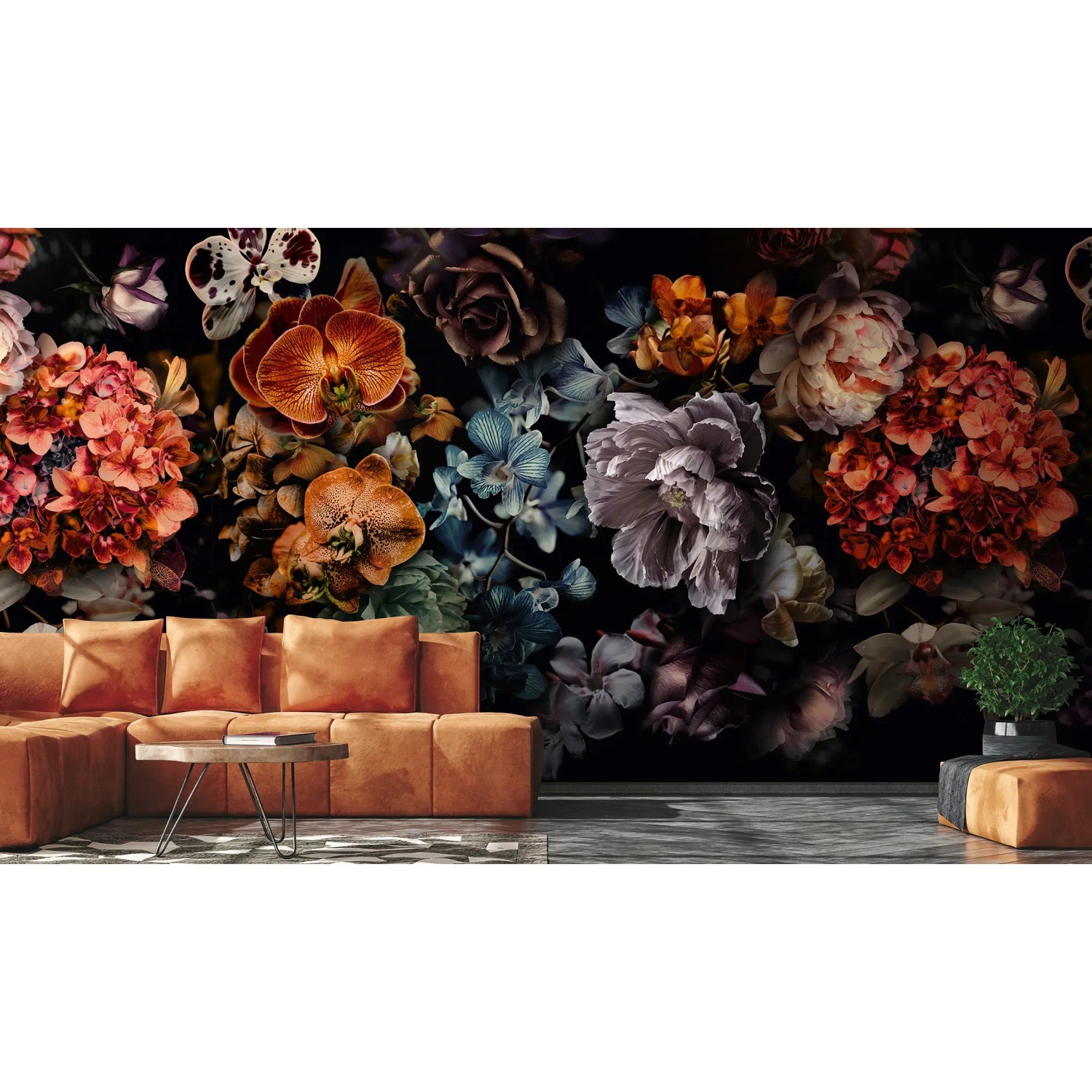 Marburg Fototapete Floral Modern Schwarz-Blau mit Blumenmuster im Wohnzimmer.