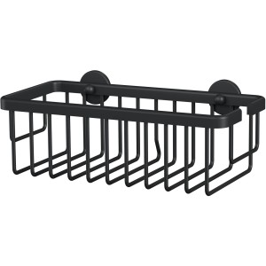 Schwarzer, matter Tesa Aluxx Duschkorb zur Wandmontage mit Klebelösung.