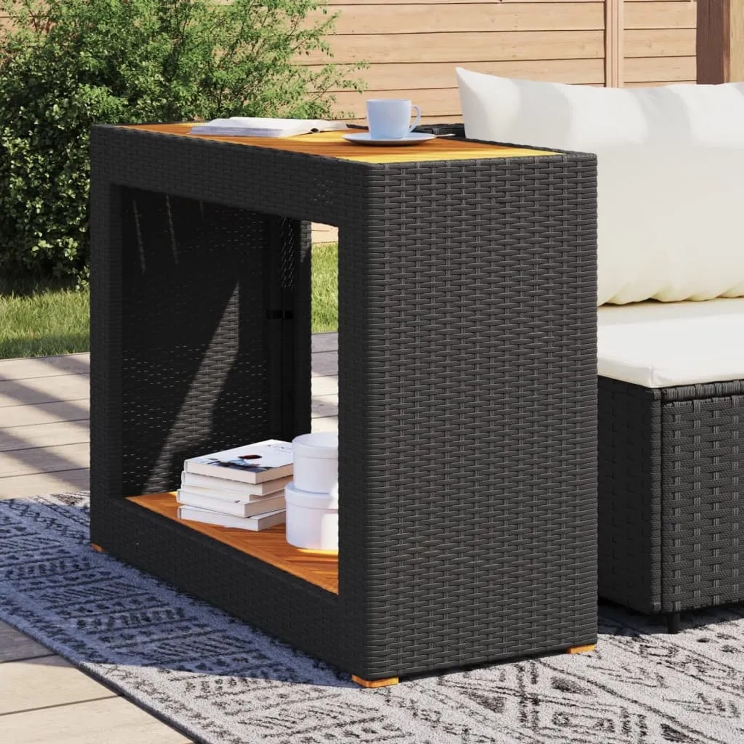 vidaXL Outdoor Beistelltisch 366306 Schwarz Poly Rattan Holzplatte kaufen bei OBI
