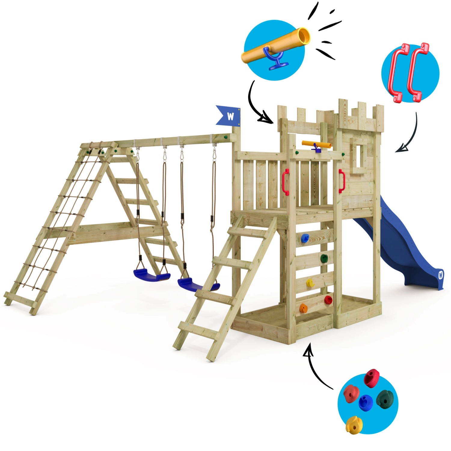 Wickey Spielturm GateFlyer mit blauer Rutsche, Schaukeln, Kletterwand und Sandkasten.