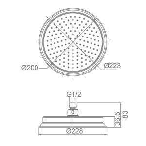 Technische Zeichnung: PaulGurkes Retro Kopfbrause, Maße und Anschlüsse für Duschsystem.