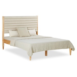 Homestyle4u Polsterbett 140x200 cm mit Holzrahmen und beigem Bouclé-Kopfteil.