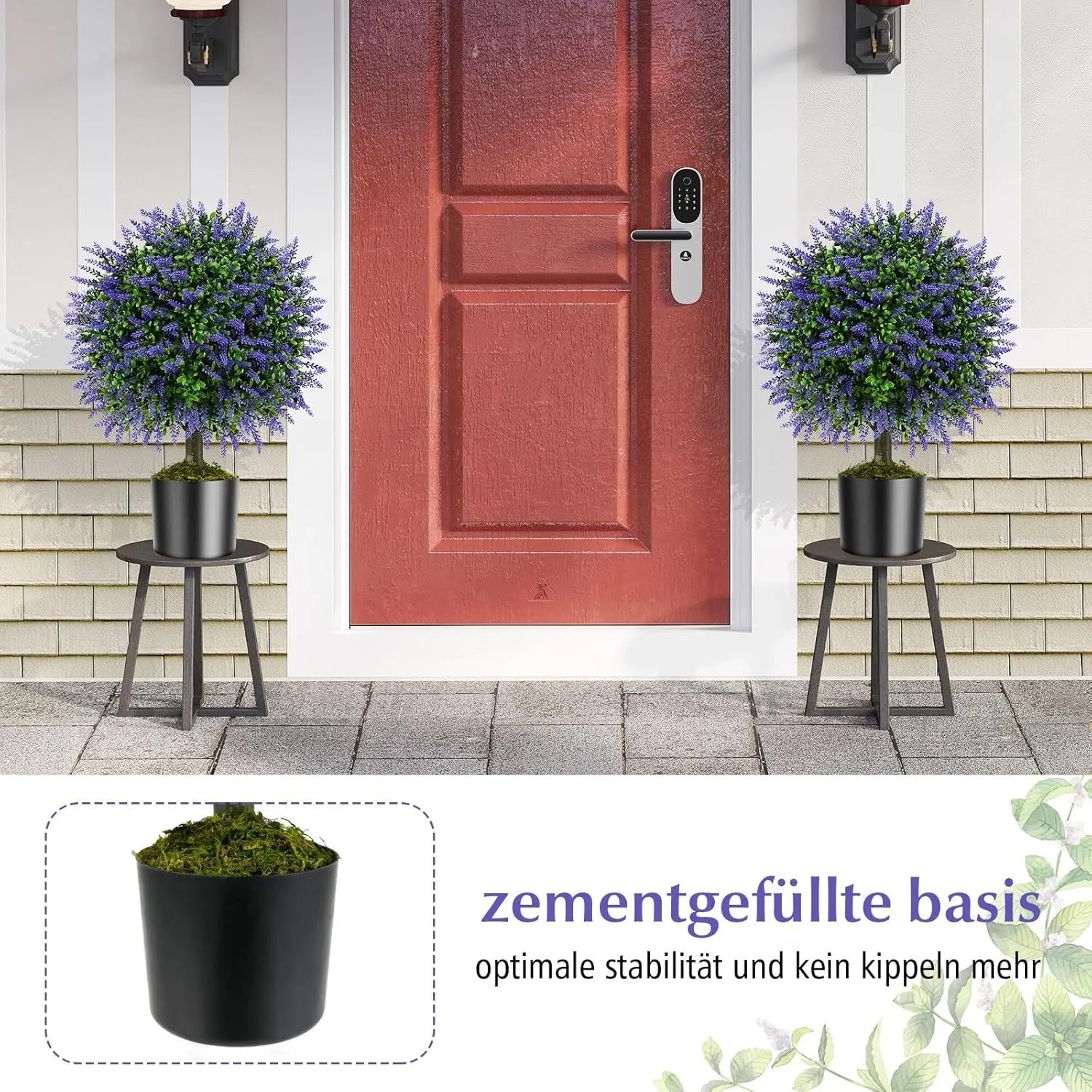 2er Set künstliche Lavendelbäume (58cm) mit lila Blüten in schwarzen Töpfen, ideal für Eingangsbereich.