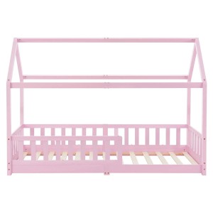 Rosa Juskys Kinderbett Marli 90x200 cm mit Rausfallschutz und Lattenrost im Hausdesign.