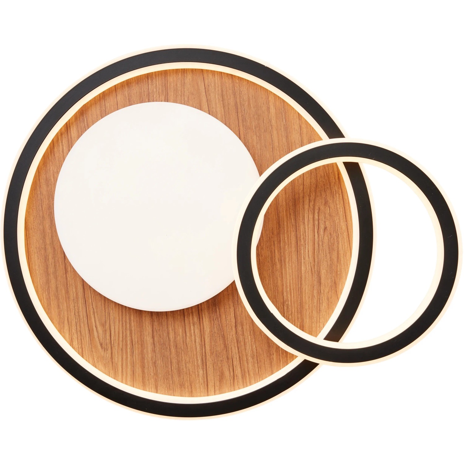 Moderne LED-Deckenleuchte Karney in Schwarz und Holz, 57x40 cm, für den Innenbereich.