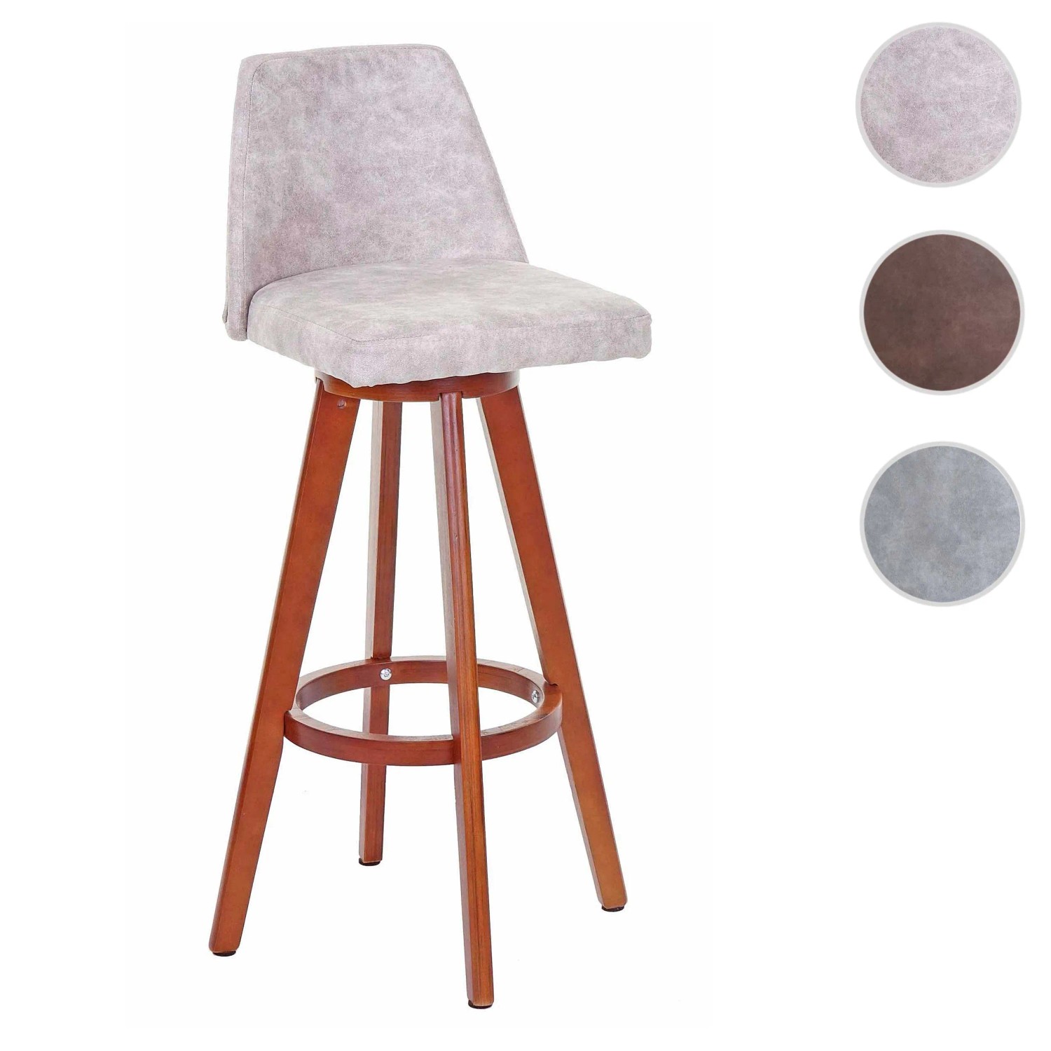 Drehbarer Barhocker mit Lehne, hellem Textilbezug, hellen Holzbeinen und Fußablage. Sitzhöhe 73cm.