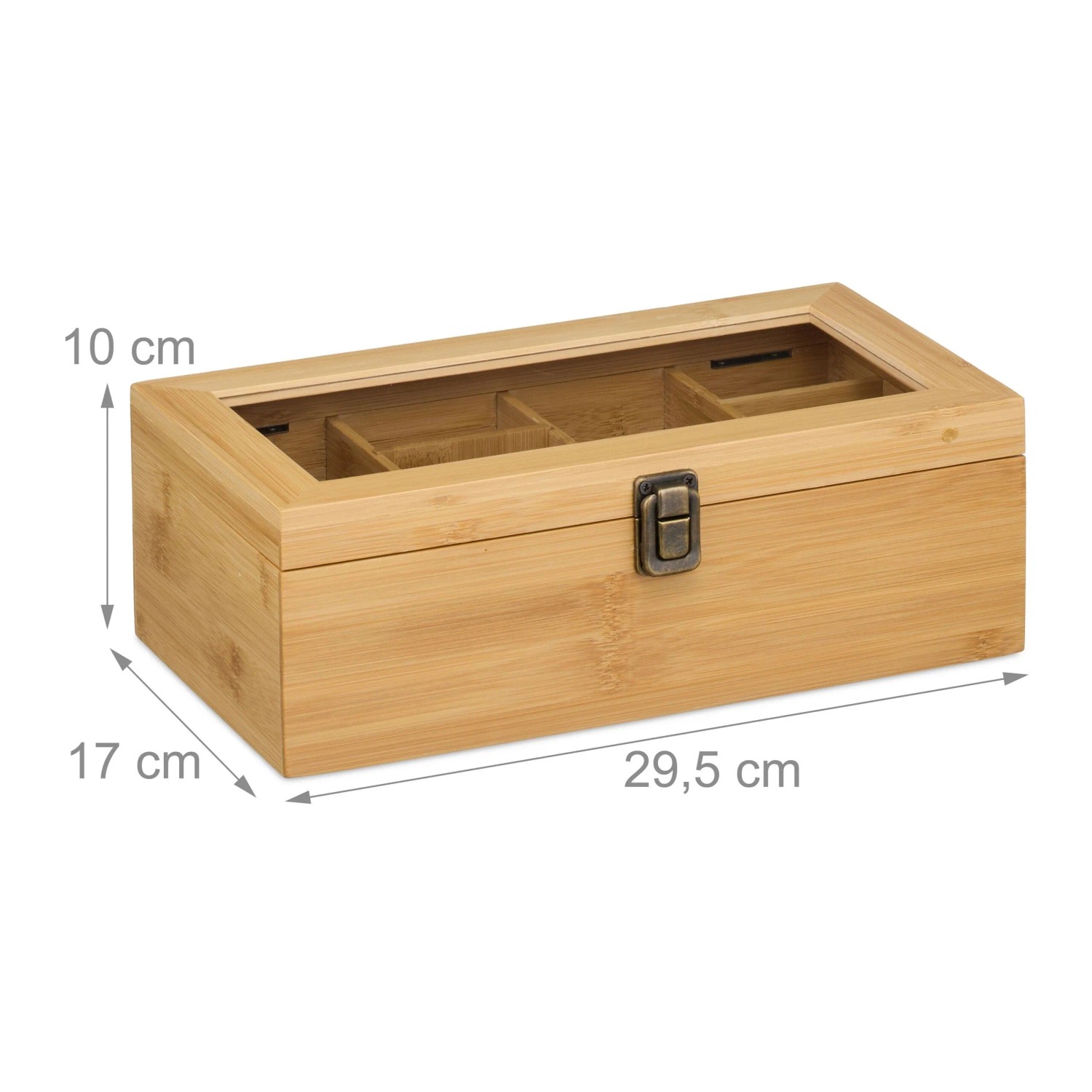 Relaxdays Teebox Bambus Kunststoff Metall Natur Staubgeschützt Herausnehmbar 10 Fächer mit Sichtfenster 10 cm x 29,5 cm x 17 cm 1 kg_4