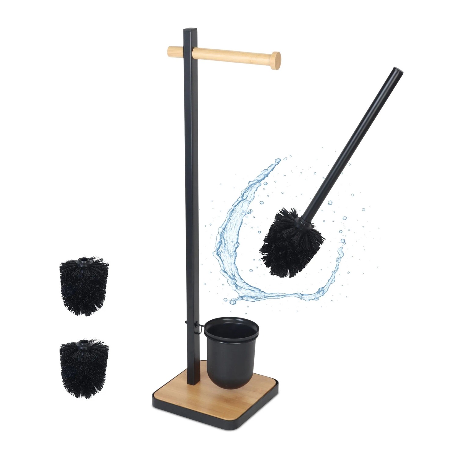 Relaxdays WC Garnitur Bambus Stahl Schwarz Freistehend 67 cm x 18 cm x 18 cm 1,4 kg