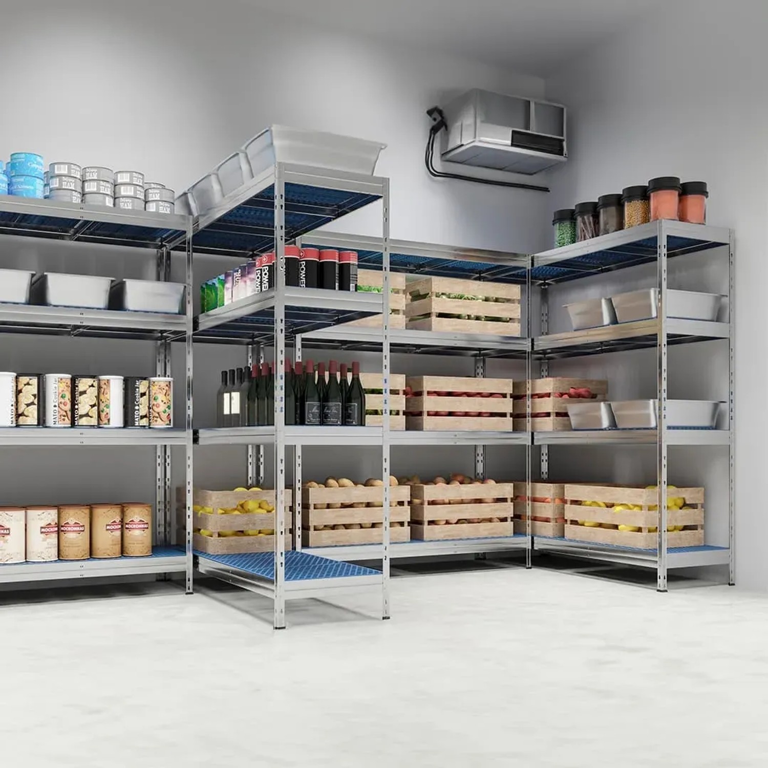 Ar Shelving Gastronorm Lebensmittelregal S, 180x75x50cm, mit Lebensmitteln und Getränken bestückt.