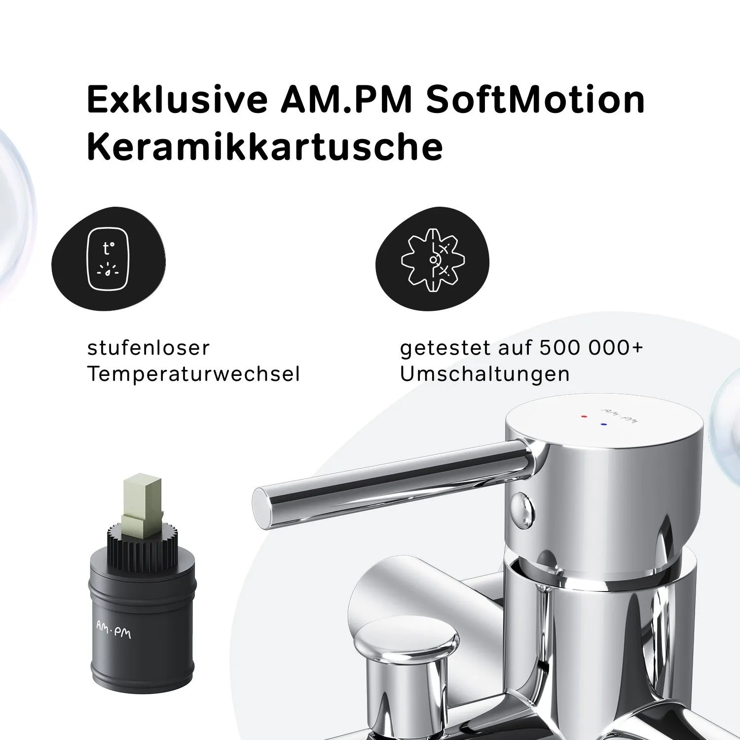 AM.PM Wannenarmatur Spike Chrom: Detailaufnahme der Armatur und Kartusche mit Hinweisen zur SoftMotion Technologie.