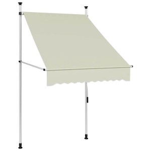 Cremefarbene, handbetätigte Einziehmarkise, 100 cm breit, mit Stahlrahmen und Wellenrand. Für Balkon/Terrasse.
