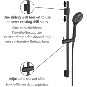Schwarzes Wenko Brauseset Watersaving mit Duschstange, Handbrause und Schlauch.