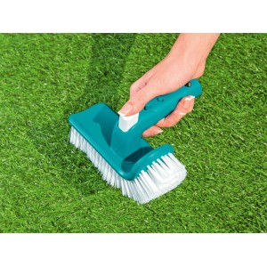 Bestway Flowclear Eckreinigungsbürste für Pools, mit Griff und weißen Borsten.