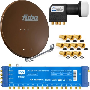 Braune Fuba 80cm Satellitenschüssel, hb-digital Multischalter MS 5/16, Quattro LNB und F-Stecker für 4K SAT Anlage.