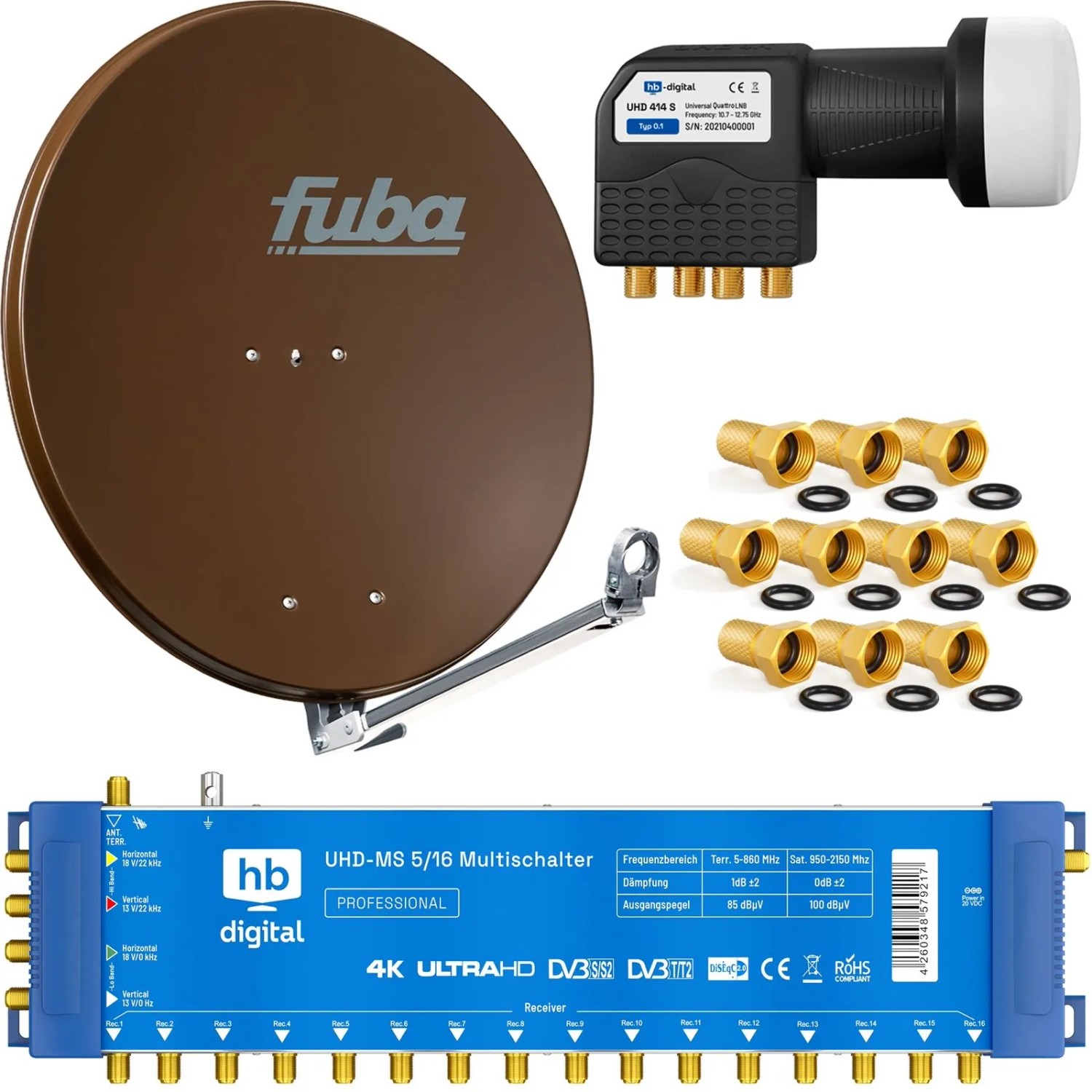 hb-digital SAT Anlage Fuba DAL 800 80cm mit Multischalter MS 5/16 und Quattro LNB Braun