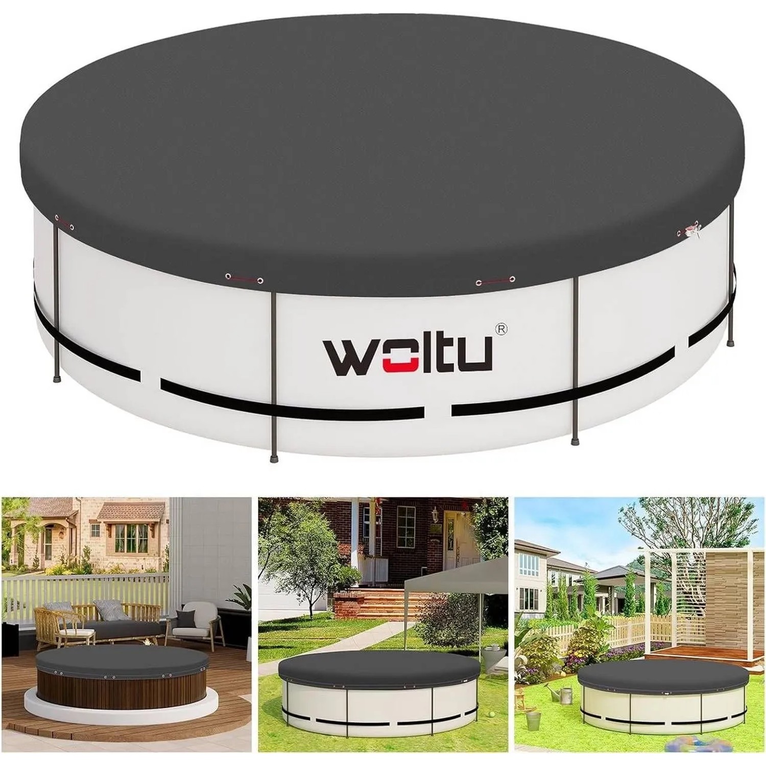 WOLTU Poolplane 200 g/m² PE mit Ösen Drahtseil Grau Φ 560 cm