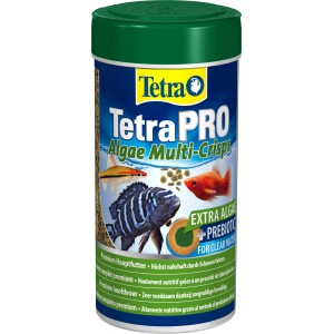TetraPro Algae Multi-Crisps 250ml Fischfutter im grünen Behälter mit Fischen.