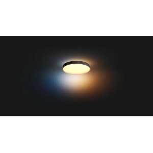 Schwarze Philips Hue Enrave XL Deckenleuchte mit warmweißem Licht und Dimmer.