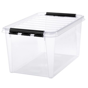Transparente SmartStore Aufbewahrungsbox Classic 46L mit Deckel und schwarzen Clips.