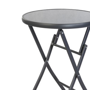 Runder, klappbarer Bistrotisch/Gartentisch mit Glasplatte und anthrazitfarbenem Metallgestell.