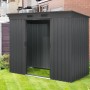 Pergart Metall-Gerätehaus Leipzig, anthrazit, 2 m², mit offenstehender Schiebetür im Garten.