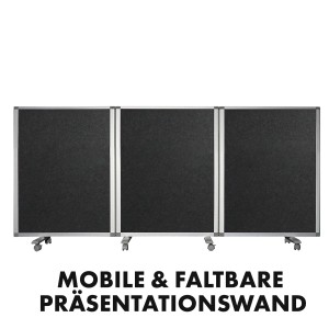 Mobile, faltbare KARAT Trennwand mit Filzoberfläche und Rollen, 270x120 cm. Ideal als Stellwand für Büro oder Präsentation.