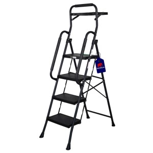 Klappbare PROREGAL Profi-Trittleiter mit 4 Stufen, Handbügel und Werkzeugablage, Stahl schwarz.