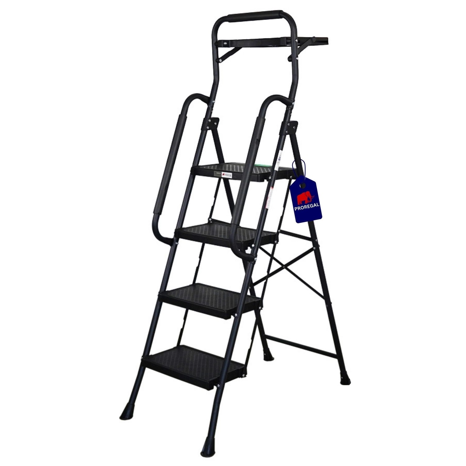 PROREGAL Profi-Trittleiter Klappbar Mit Handbügel Und Werkzeugablage 4 Stufen 160x51x87cm Traglast 150kg Stahl Schwarz K...