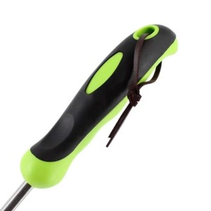 Galaflor Kleinrechen: Ergonomischer, gummierter schwarz-grüner Kunststoffgriff mit brauner Lederschlaufe. Gartenhandgerät.