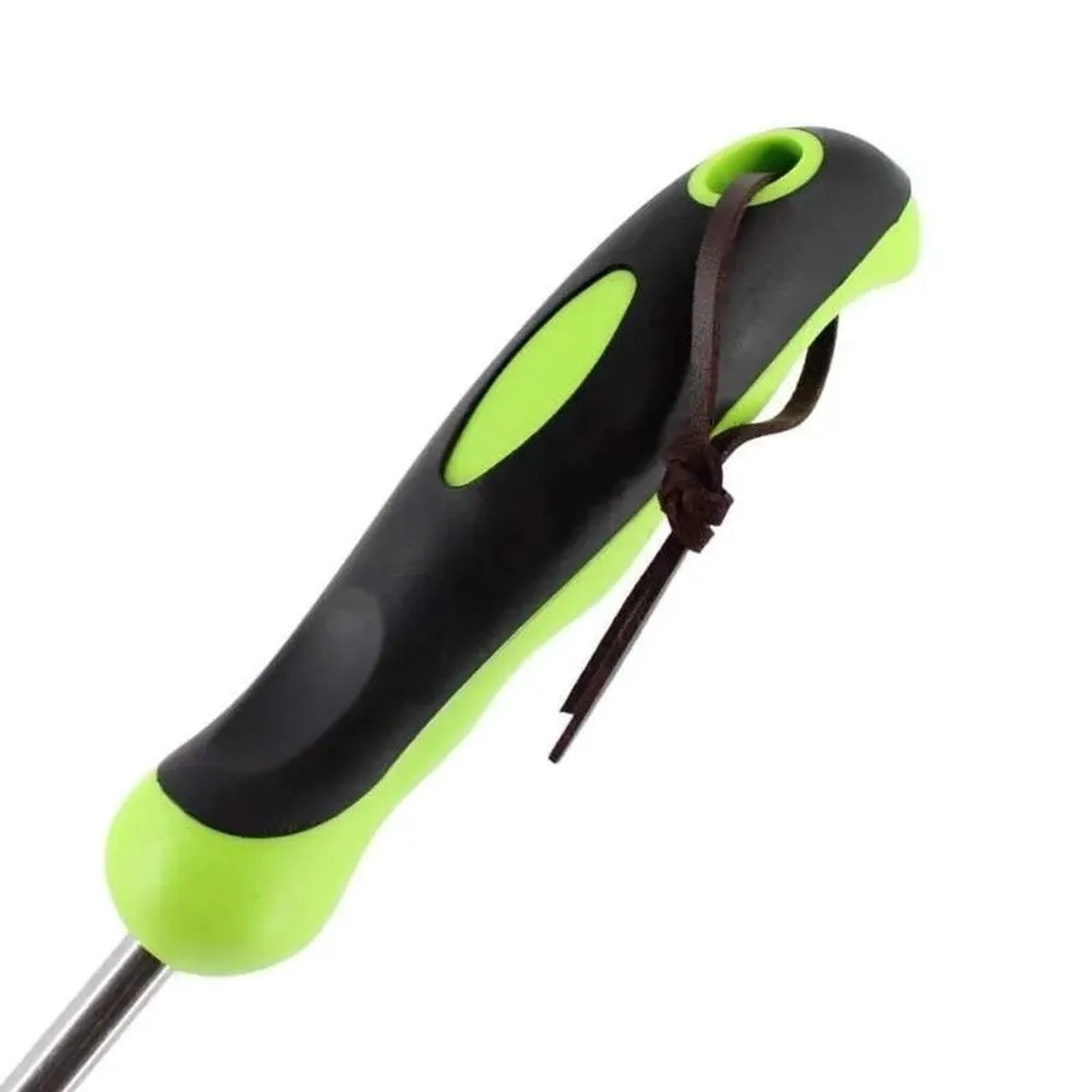 Galaflor Kleinrechen: Ergonomischer, gummierter schwarz-grüner Kunststoffgriff mit brauner Lederschlaufe. Gartenhandgerät.