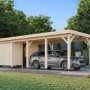 Palmako Carport Karl mit Geräteraum aus naturbelassenem Fichtenholz mit Auto.